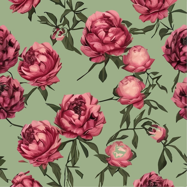 Vector seamless pattern pink peonies and leaves on green background romantic