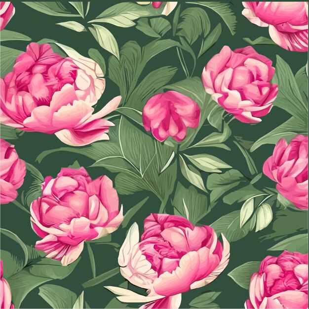 Vector seamless pattern pink peonies and leaves on green background Romantic