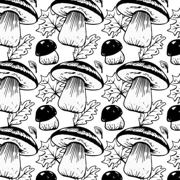 Vector seamless pattern of porcini mushrooms and autumn leaves hand drawn style