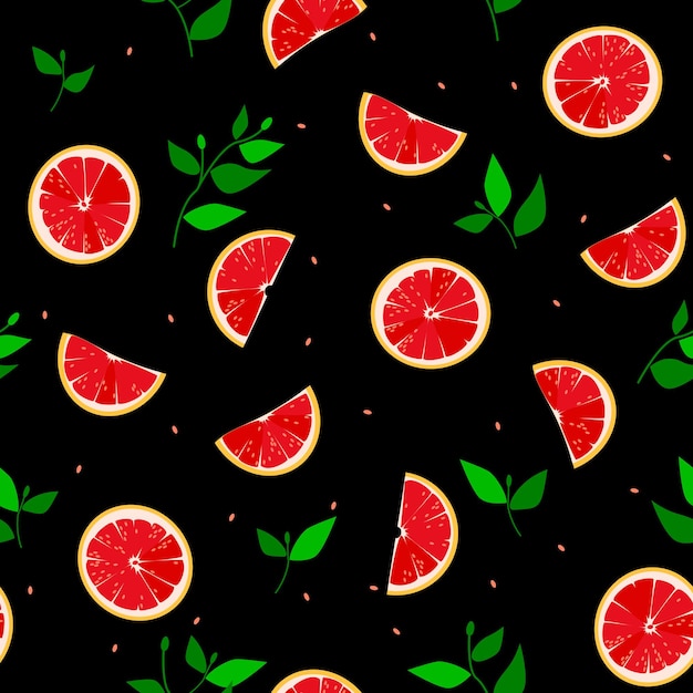 Vector seamless pattern of red oranges with green leaves on a black background