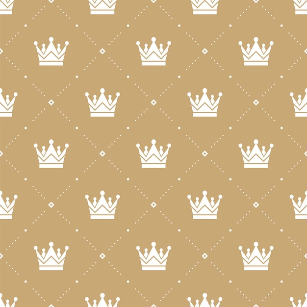 ゴールドの背景に白い王冠とレトロなスタイルのベクトルのシームレスなパターン