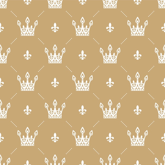 금색 바탕에 흰색 왕관이 있는 복고 스타일의 벡터 원활한 패턴