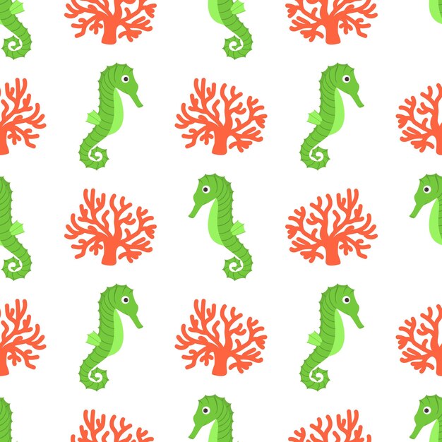 Vector seamless pattern Seahorse and seaweed in cartoon style Summer beach