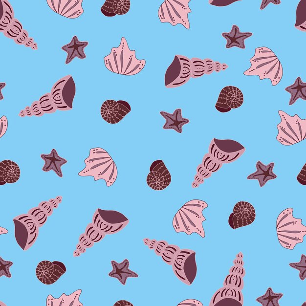 Vector seamless pattern seashells and starfish monochrome isolated inhabitants of the seas and oceans underwater world