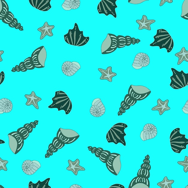 Vector seamless pattern seashells and starfish monochrome isolated inhabitants of the seas and oceans underwater world