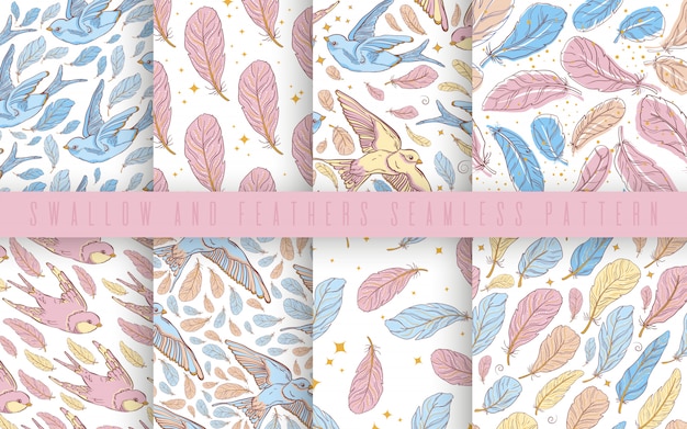 Vector seamless pattern set with swallows and feather.pastel color.