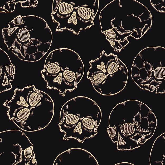 Vector seamless pattern of sketch skulls on black backround