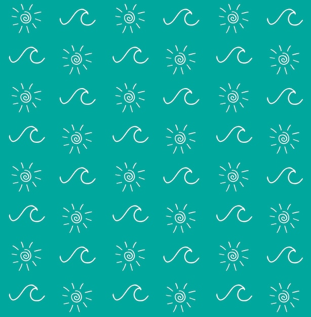 Vector seamless pattern of sketch sun and wave