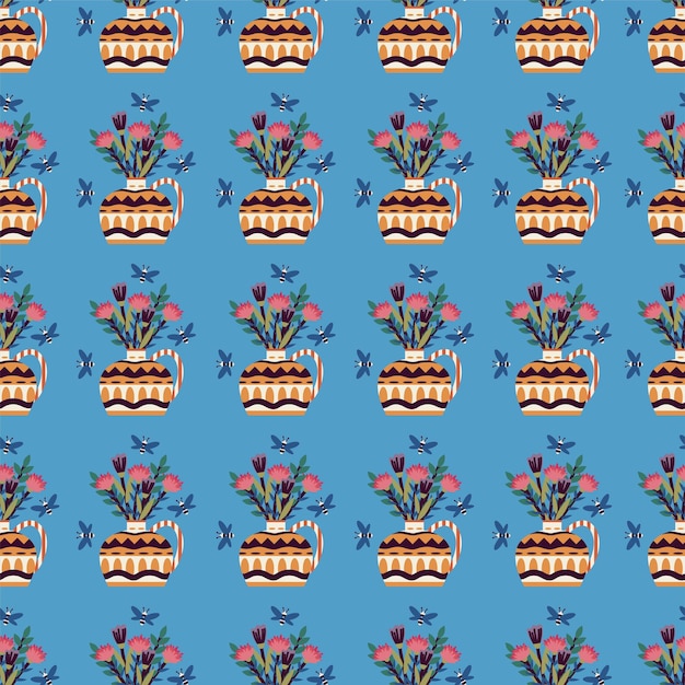 Vector seamless pattern texture with vases with a bouquet of flowers and bees on a blue background