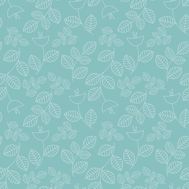 Vector seamless pattern, thin white flowers and leaves on a soft blue color background