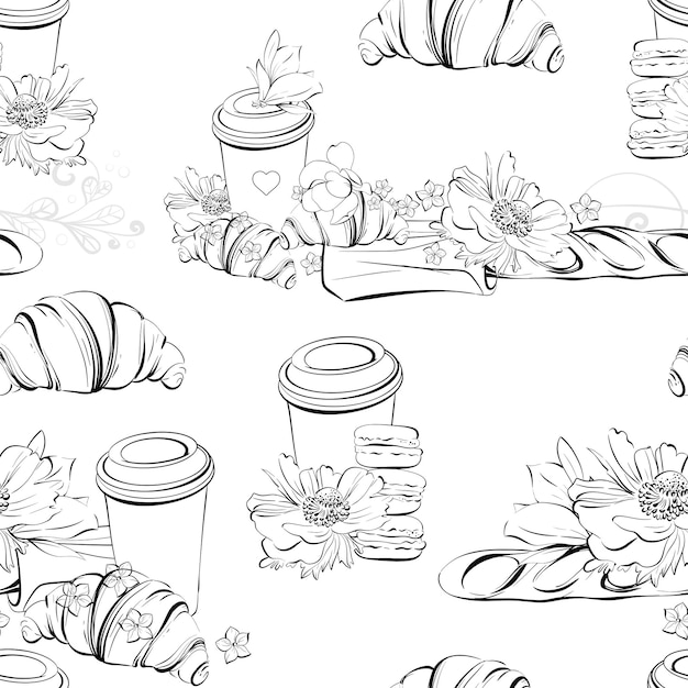 vector seamless pattern traditional french croissant baguette coffee french paris cafe bakery black