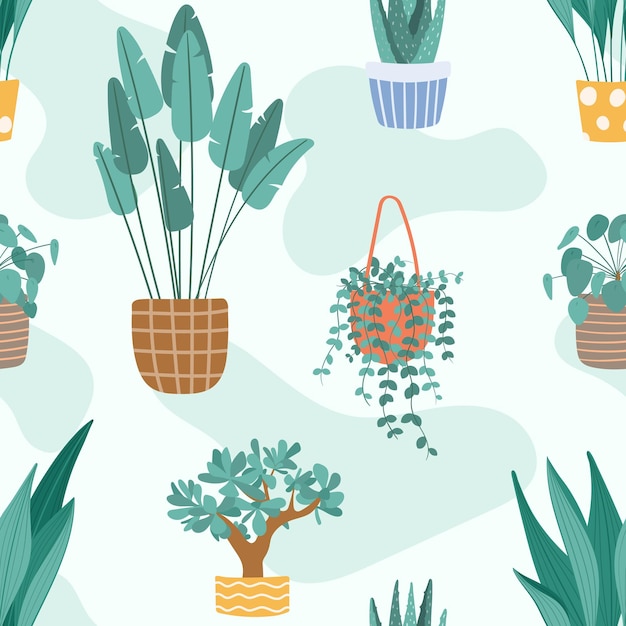Vector vector seamless pattern tropical house plants in pots