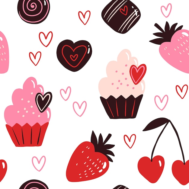 Vector seamless pattern for Valentines Day Cupcake cherry strawberry and chocolate candies Doodle illustration for wallpaper fill web page background surface textures