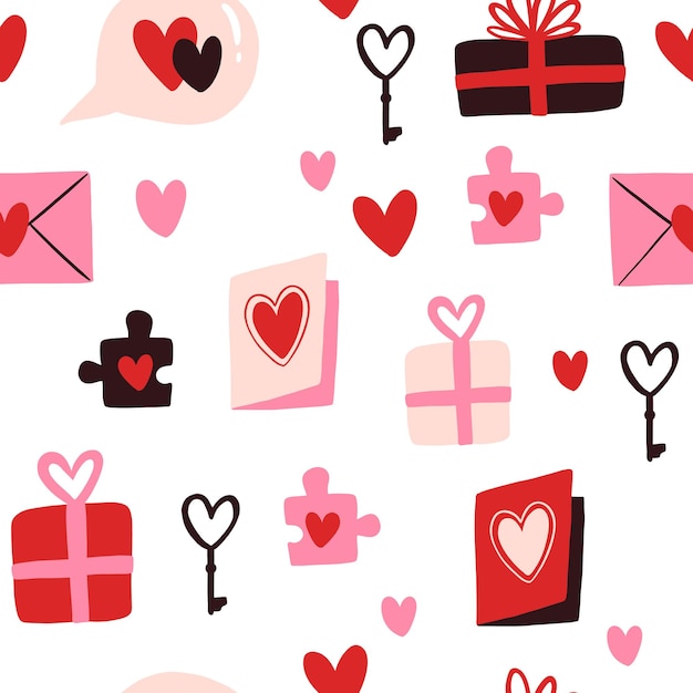 Vector seamless pattern for Valentines Day Heart key envelope presents and puzzle piece Doodle illustration for wallpaper fill web page background surface textures