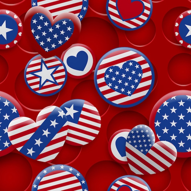 Vector seamless pattern of various usa symbols in red and blue colors on background with holes. independence day united states of america