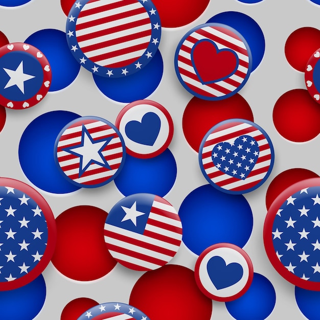 Vector vector seamless pattern of various usa symbols in red and blue colors on white background with holes. independence day united states of america