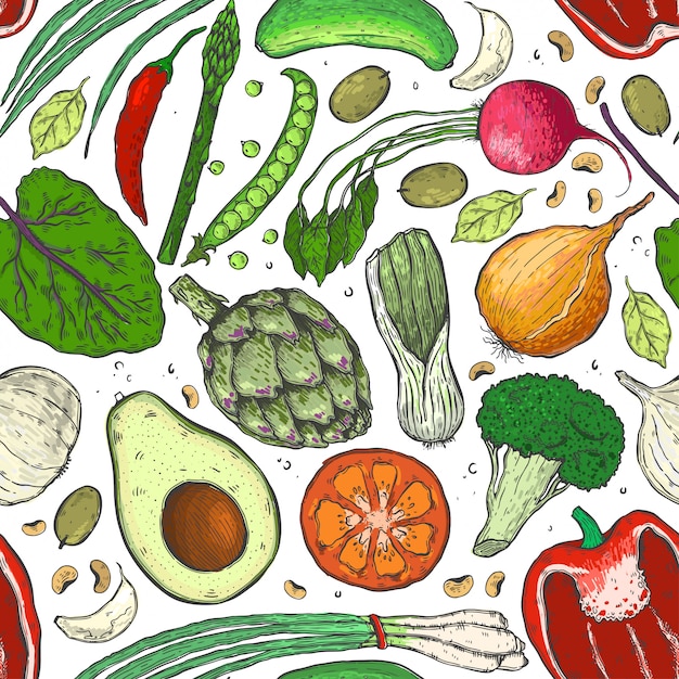 Vector seamless pattern of vegetables in a sketch.