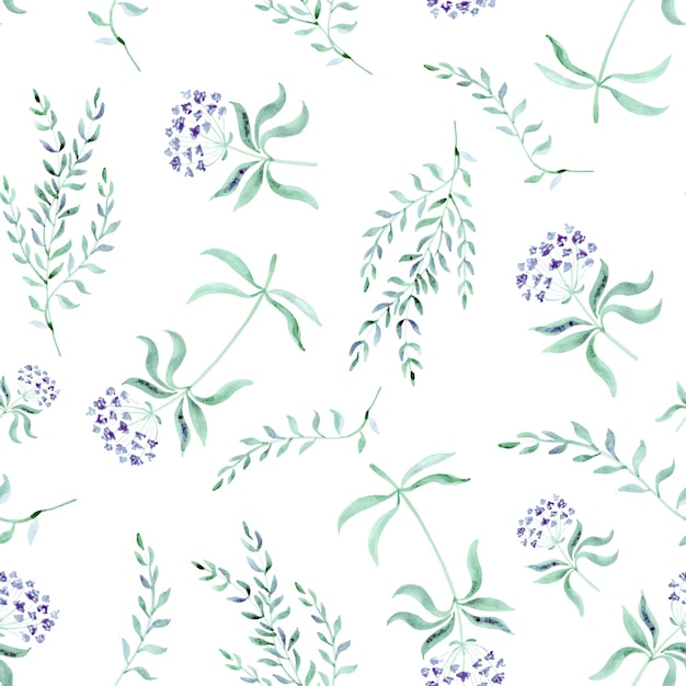 Vector seamless pattern watercolor flowers and herb