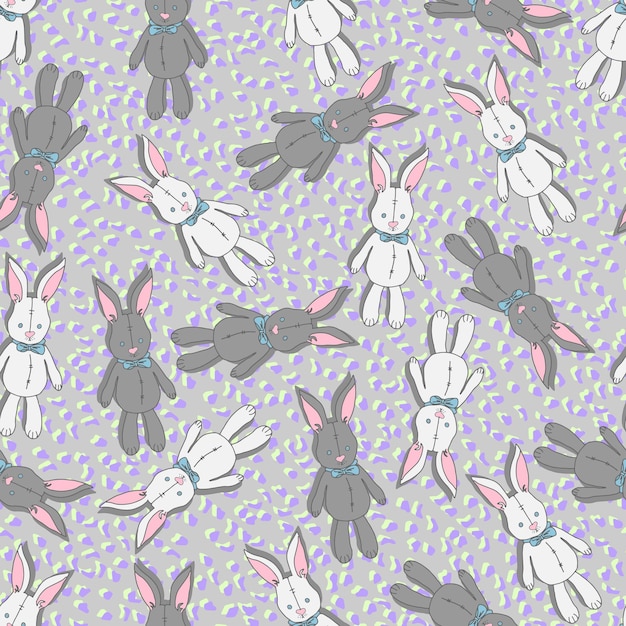 Vector seamless pattern white and gray rabbits doll toys with bows and eyes with buttons on a background of colored spots background for nursery children's things fabrics prints