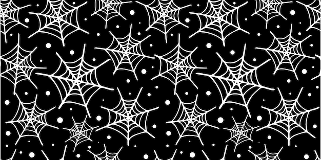 Modello vettoriale senza cuciture di ragnatela bianca disegnata a mano e punti su sfondo nero modello carino di halloween con ragnatela design di halloween per carta da imballaggio o copertina