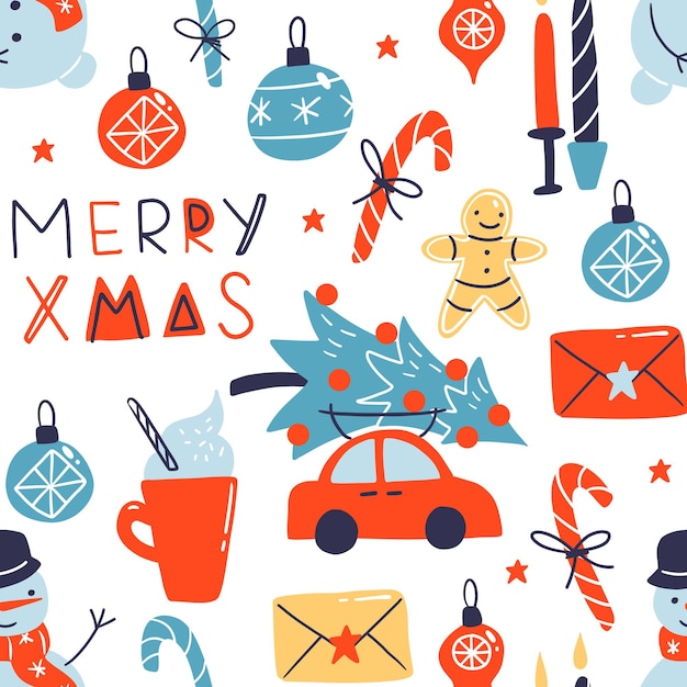 격리 된 흰색 배경에 벡터 원활한 패턴 겨울 휴가를위한 크리스마스 트리 진저 브레드와 사탕 장난감 및 촛불이있는 자동차 선물 포장지 및 기타를위한 아늑한 겨울 질감