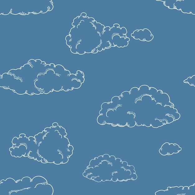 Vector Seamless Pattern of White Sketch Clouds on Blue Sky Background