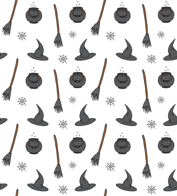 Vector seamless pattern of witch bowl and broom