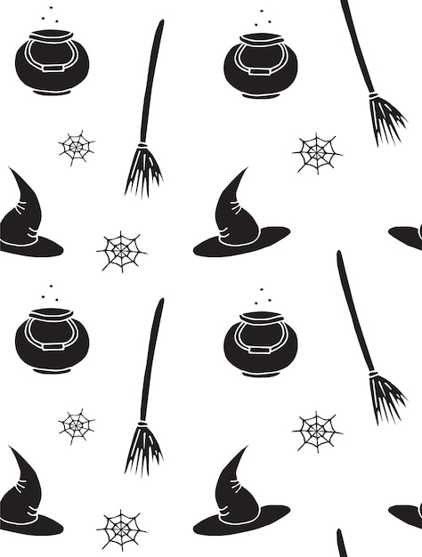 Vector seamless pattern of witch hat bowl broom