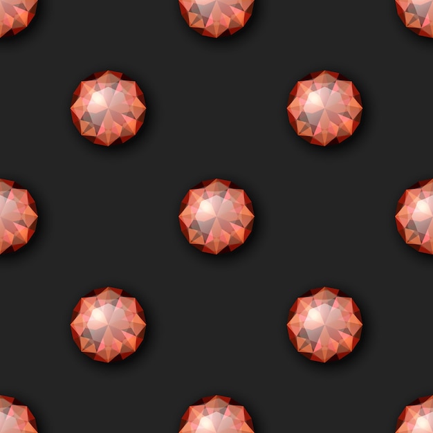 Векторный бесшовный узор с 3d реалистичными красными драгоценными камнями, хрустальными стразами на черном шаблоне дизайна Jewerly Concept Design Gems Crystals Rhinestones or Gemstones Top View