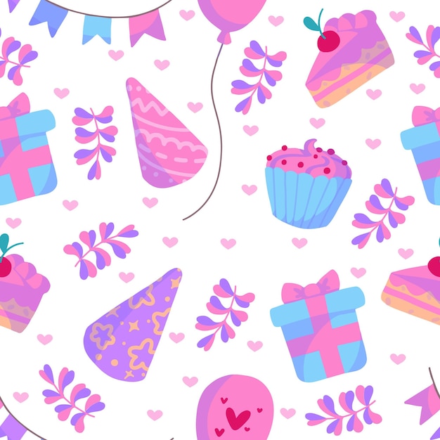 벡터 생일을 위한 케이크, 휴일 모자, 케이크, 풍선, 하트 조각이 있는 벡터 매끄러운 패턴