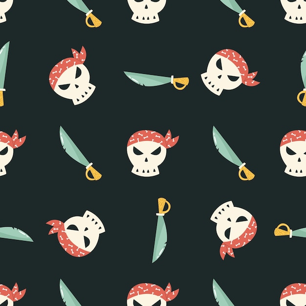 海賊のシンボルの頭蓋骨と剣とのベクトルのシームレスなパターン