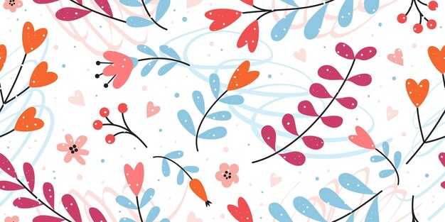 Vector vector seamless pattern with abstract flowers branches and hearts cute valentines background