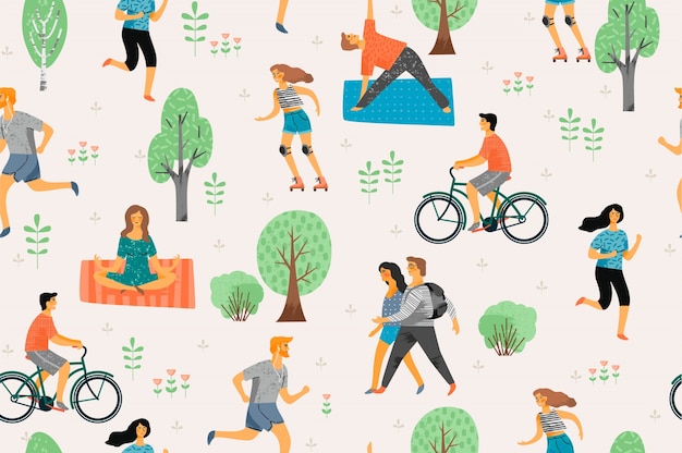 Vector seamless pattern with active young people.