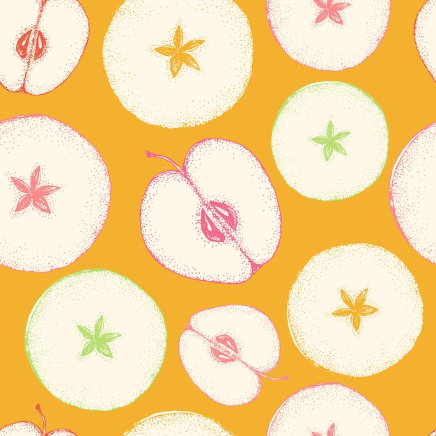 Векторный бесшовный рисунок с яблоками, фруктами в разрезе, ломтиками на желтом фоне. Нарисованный вручную декоративный узор для упаковки сока, оберточной бумаги или дизайна кухни.