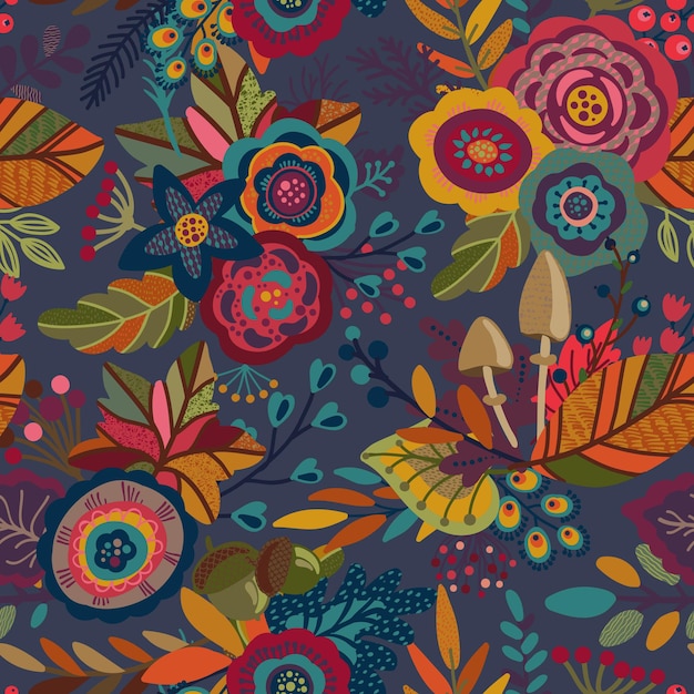 Vector seamless pattern with autumn bouquets, fall beautiful bright leaves, flowers, branches, berries, mushrooms. Colorful endless background.
