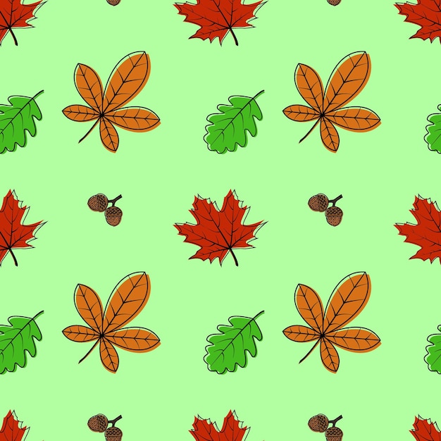 Vector seamless pattern with autumn elements, acorns, various leaves. Bright, repetitive texture