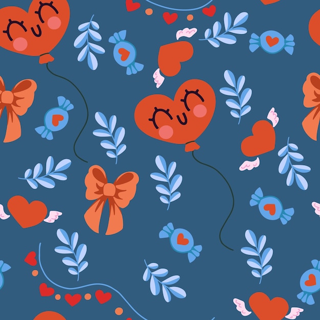 Vector seamless pattern with balloons, hearts, plants, bows and sweets for valentine's day.