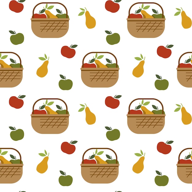 Vector seamless pattern with basket of fruits and apples with pears