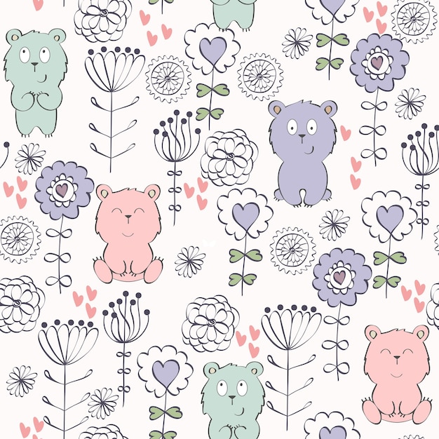 クマと花のシームレスなパターン ベクトル