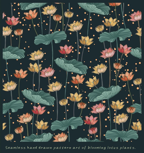 ベクトル 美しい手描きの蓮の花と葉を持つシームレスなパターン ベクトル