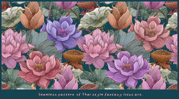 Vector vector seamless pattern with beautiful hand drawn lotus flowers and leaves