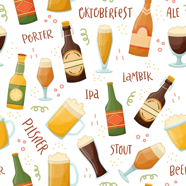 ビールジョッキボトルとビールレタリングアルコール飲料とのベクトルのシームレスなパターン