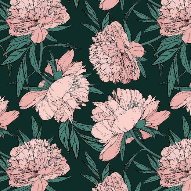 Vector seamless pattern with big pink hand drawn peonies and leaves. Flowers with  black outline.