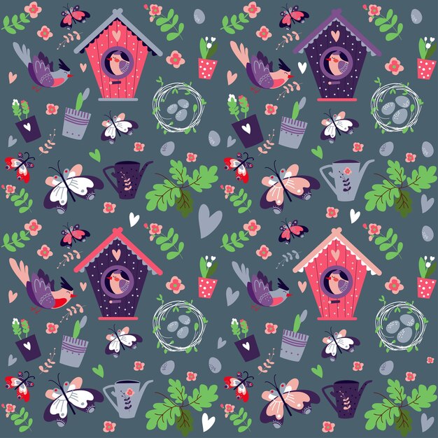 Vector vector seamless pattern with birds birdhouses nests flowers