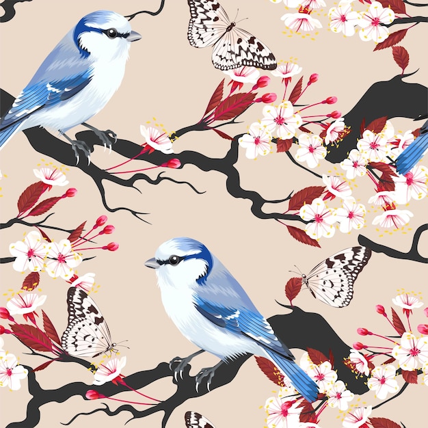 Vector seamless pattern with birds and blooming cherry