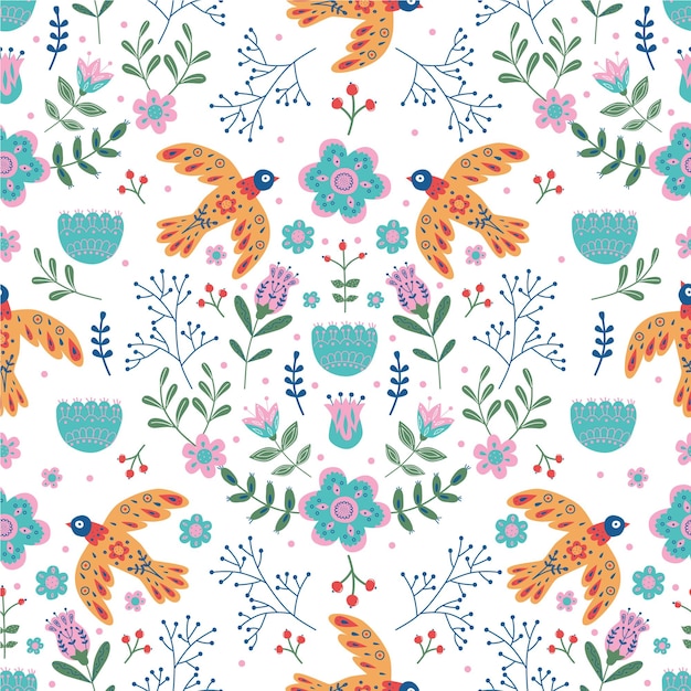 Vector seamless pattern with birds flowers and leaves with different folk ornament flat illustration