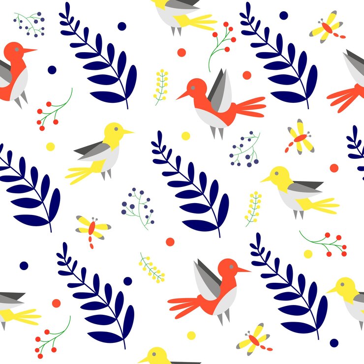 Vector vector seamless pattern with birds and leaves. modern cute background for packaging and design.