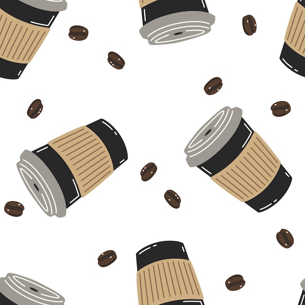 커피와 커피 콩의 검은 종이 컵과 벡터 원활한 패턴
