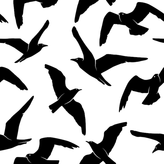 Vector Seamless Pattern with Black Seagull Bird Silhouette on White Marine Surf Background with Flying Isolated Sea Gulls for Wallpaper Wrapping Packing Backdrop Textile