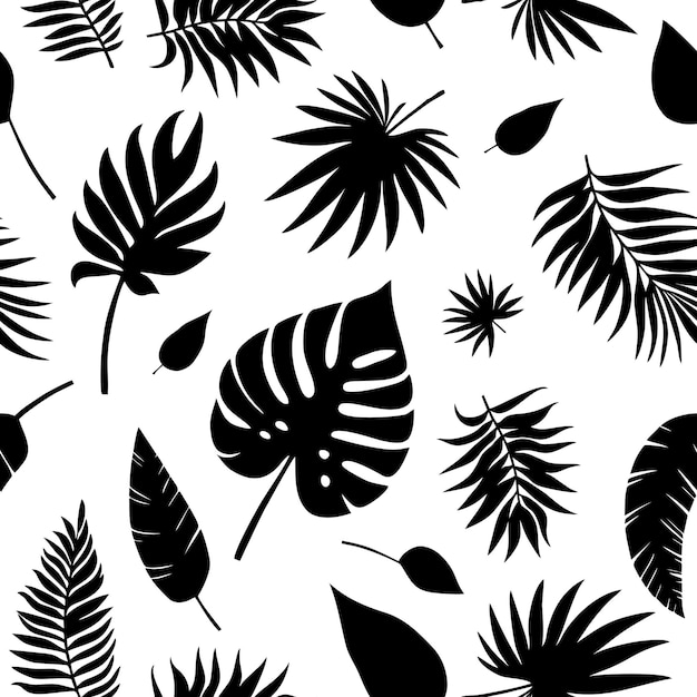 Vector seamless pattern with black tropical leaves on white background Cute bright and fun summer